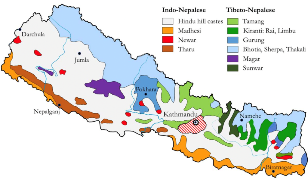 Map showing distribution of “lesser-used” languages  of Nepal, with Sunuwar circled in red. Image from Wikipedia