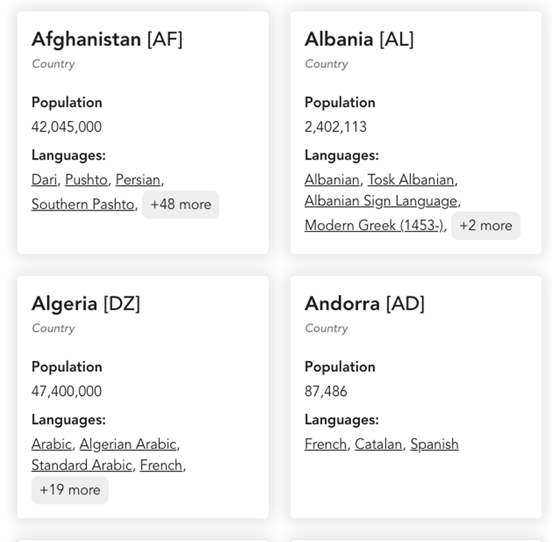 Preview of the Language Navigator card list UI